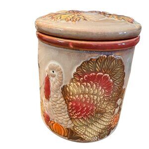 Vintage Ceramic Turkey Pinecone Autumn Canister Lid Small Crock Oak Leaves 4"